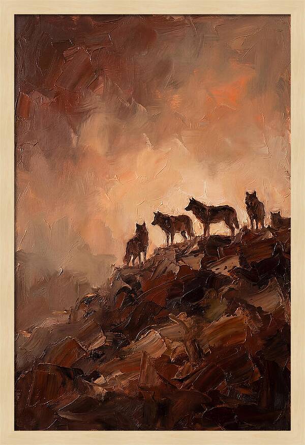 Wolf Pack Silhouetted On Ridge