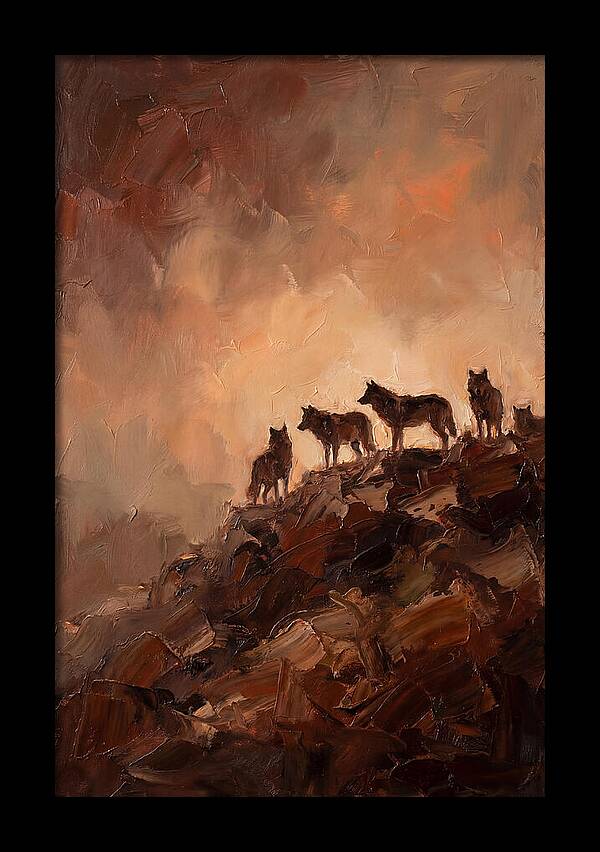 Wolf Pack Silhouetted On Ridge