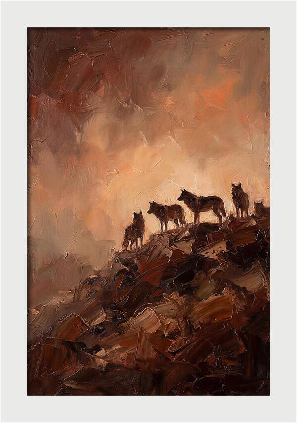 Wolf Pack Silhouetted On Ridge