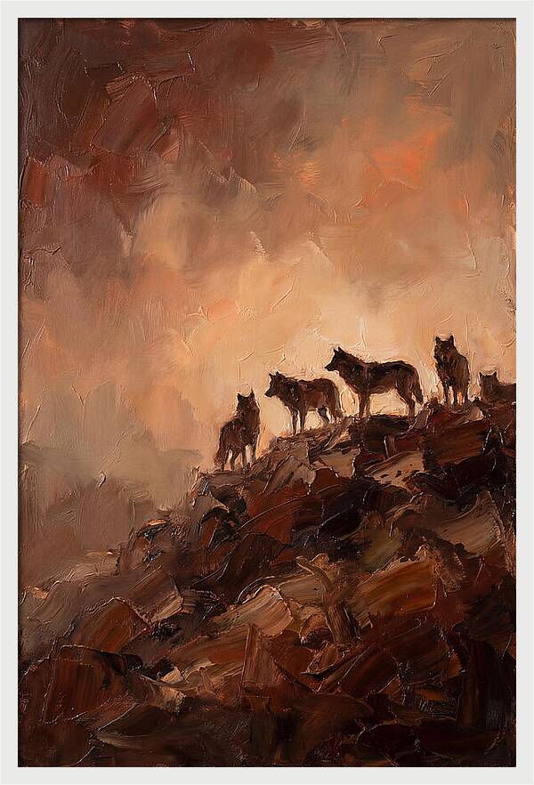 Wolf Pack Silhouetted On Ridge