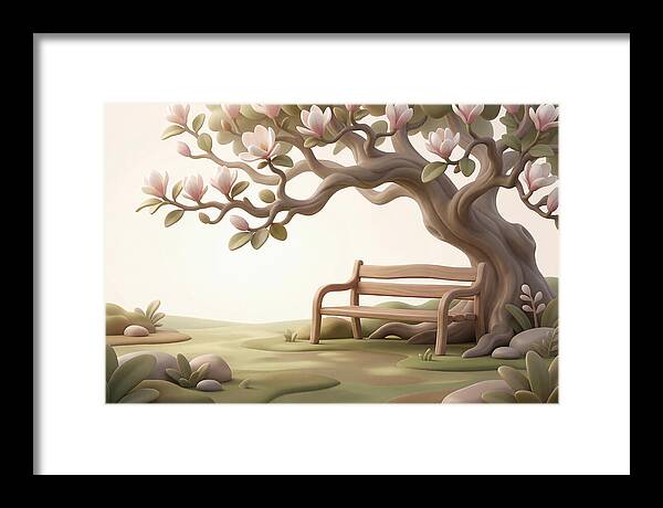 Wooden Bench Under Magnolia Tree