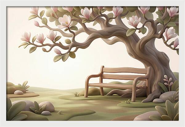 Wooden Bench Under Magnolia Tree