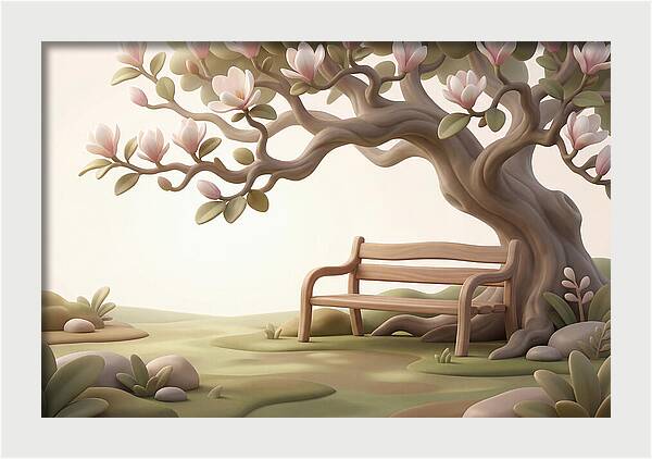 Wooden Bench Under Magnolia Tree
