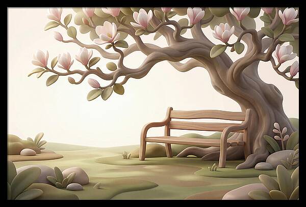 Wooden Bench Under Magnolia Tree