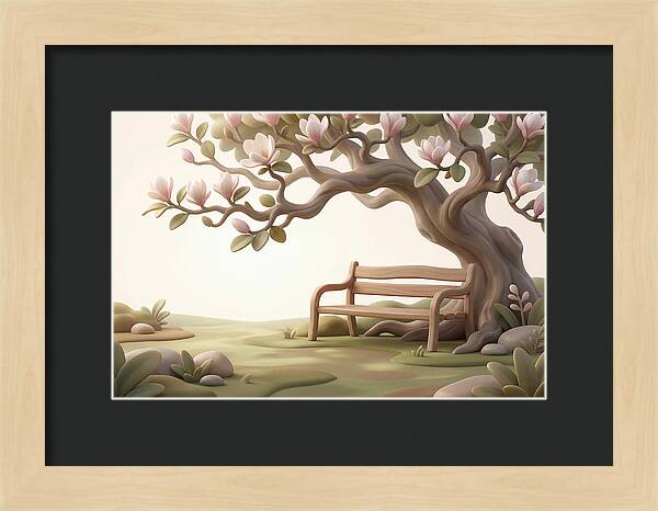 Wooden Bench Under Magnolia Tree