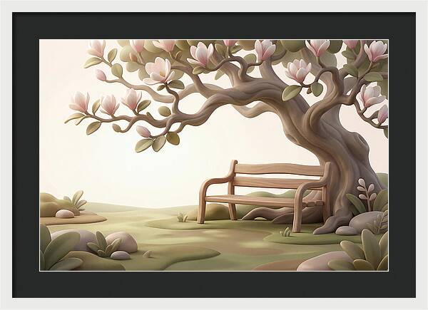 Wooden Bench Under Magnolia Tree
