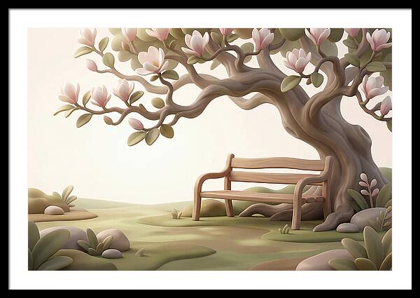 Wooden Bench Under Magnolia Tree