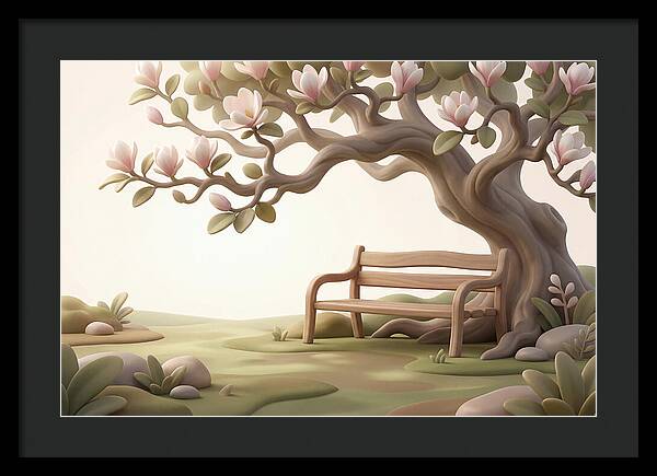 Wooden Bench Under Magnolia Tree