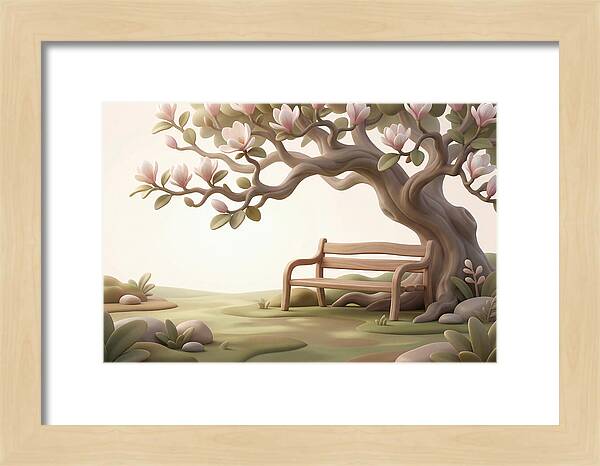 Wooden Bench Under Magnolia Tree