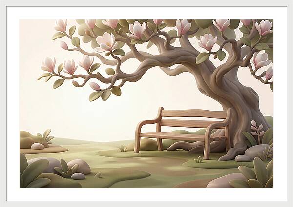 Wooden Bench Under Magnolia Tree