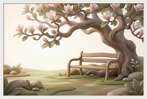 Wooden Bench Under Magnolia Tree