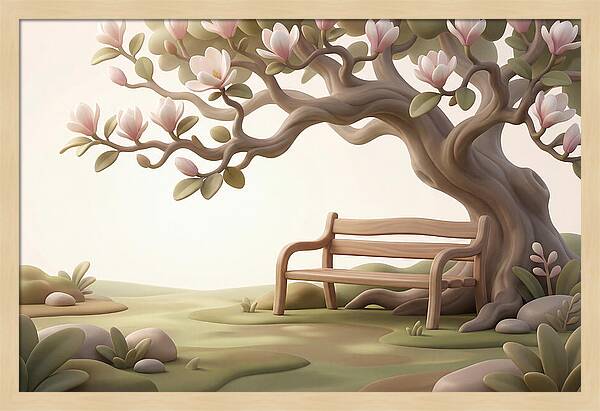 Wooden Bench Under Magnolia Tree