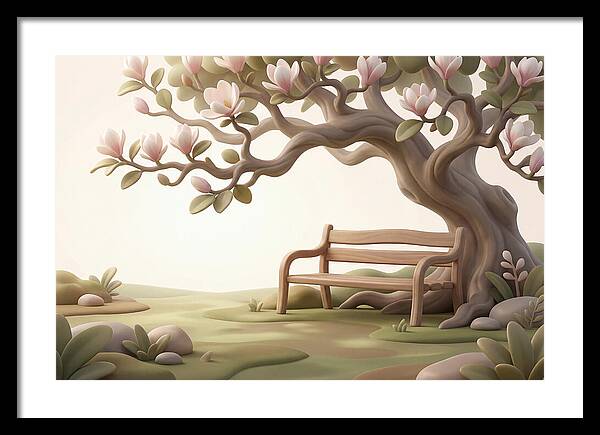 Wooden Bench Under Magnolia Tree