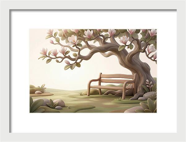 Wooden Bench Under Magnolia Tree