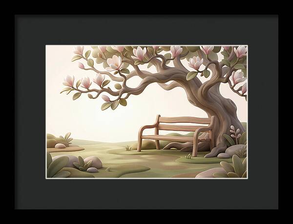 Wooden Bench Under Magnolia Tree