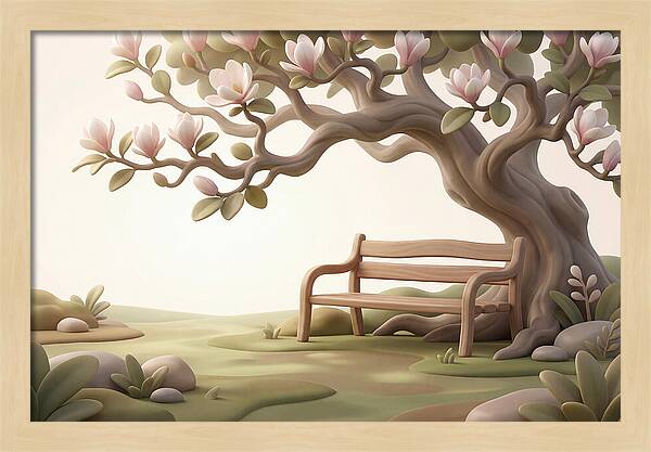 Wooden Bench Under Magnolia Tree