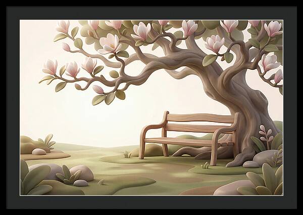 Wooden Bench Under Magnolia Tree