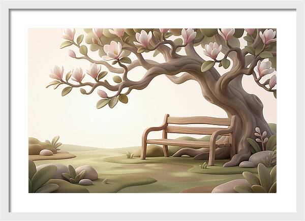 Wooden Bench Under Magnolia Tree