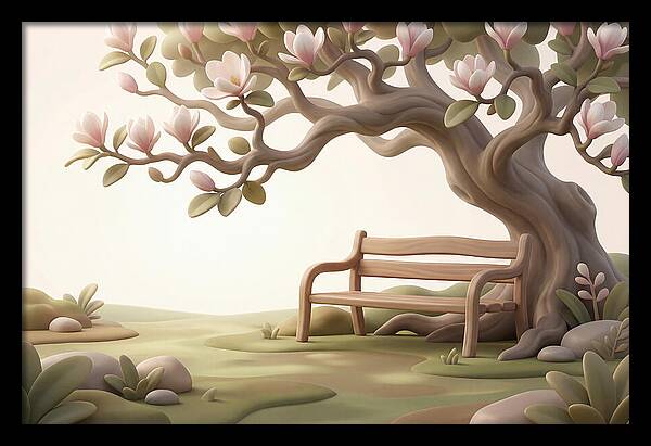 Wooden Bench Under Magnolia Tree