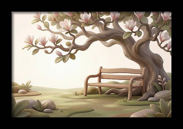 Wooden Bench Under Magnolia Tree