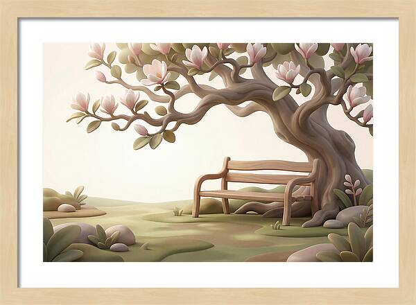 Wooden Bench Under Magnolia Tree