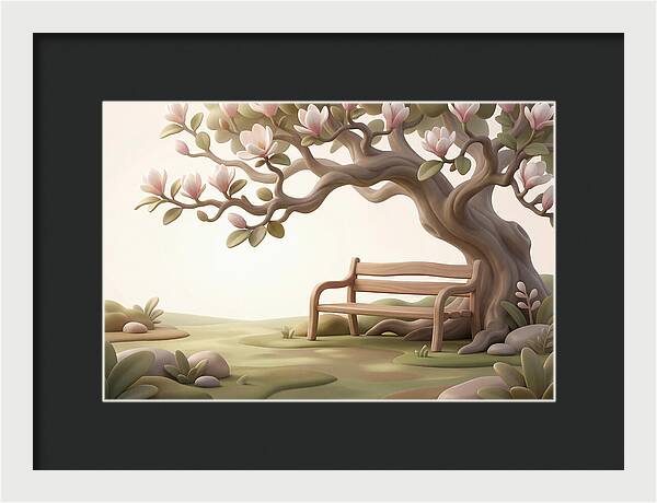 Wooden Bench Under Magnolia Tree