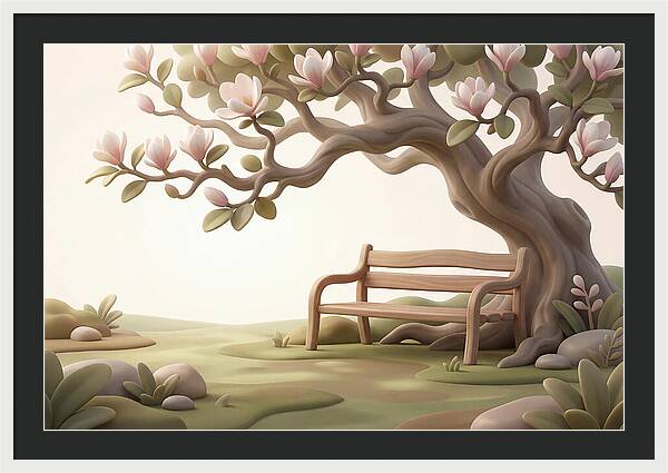 Wooden Bench Under Magnolia Tree