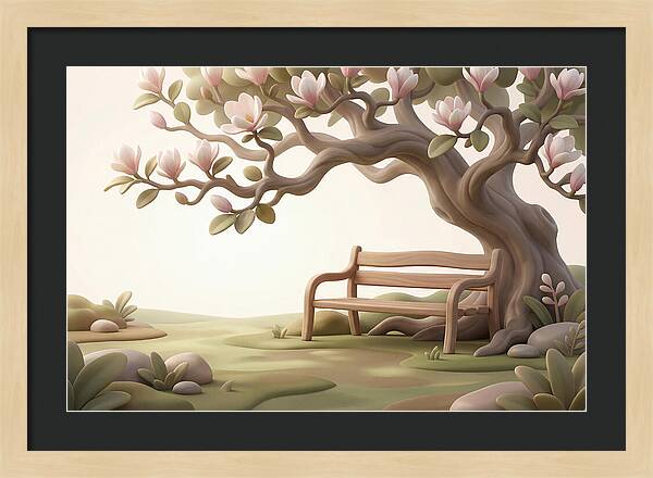 Wooden Bench Under Magnolia Tree