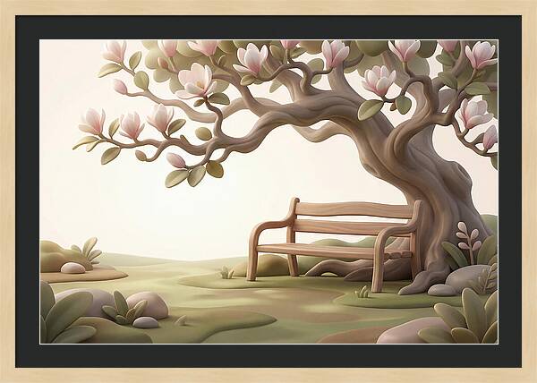Wooden Bench Under Magnolia Tree