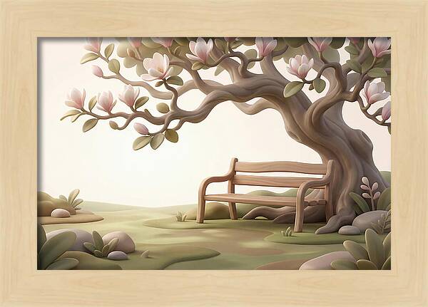 Wooden Bench Under Magnolia Tree