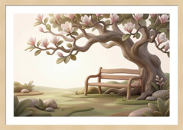 Wooden Bench Under Magnolia Tree