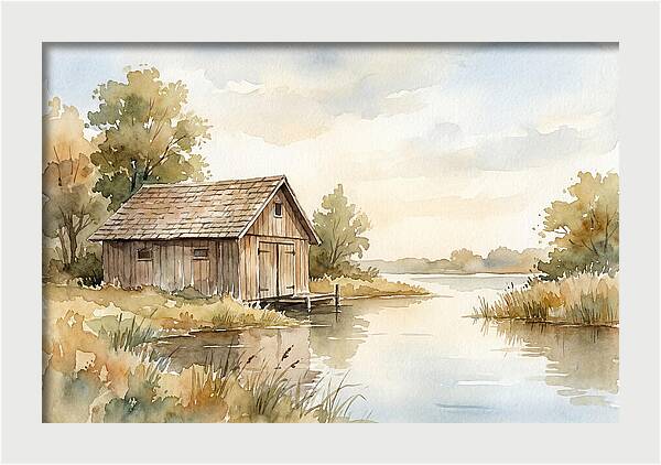 Wooden Boathouse Beside Still Water