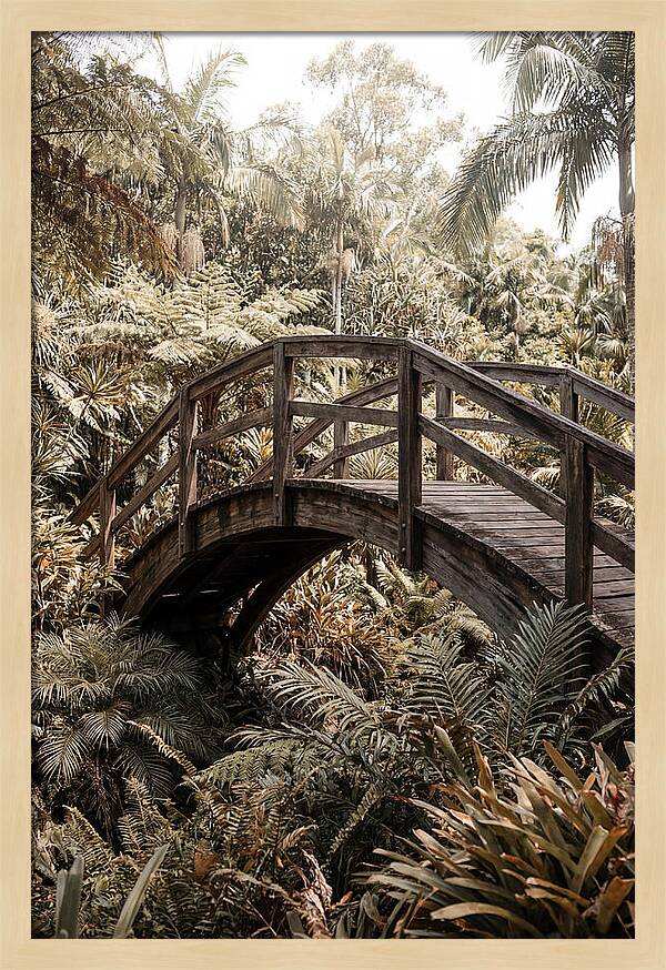Wooden Bridge Over Lush Garden