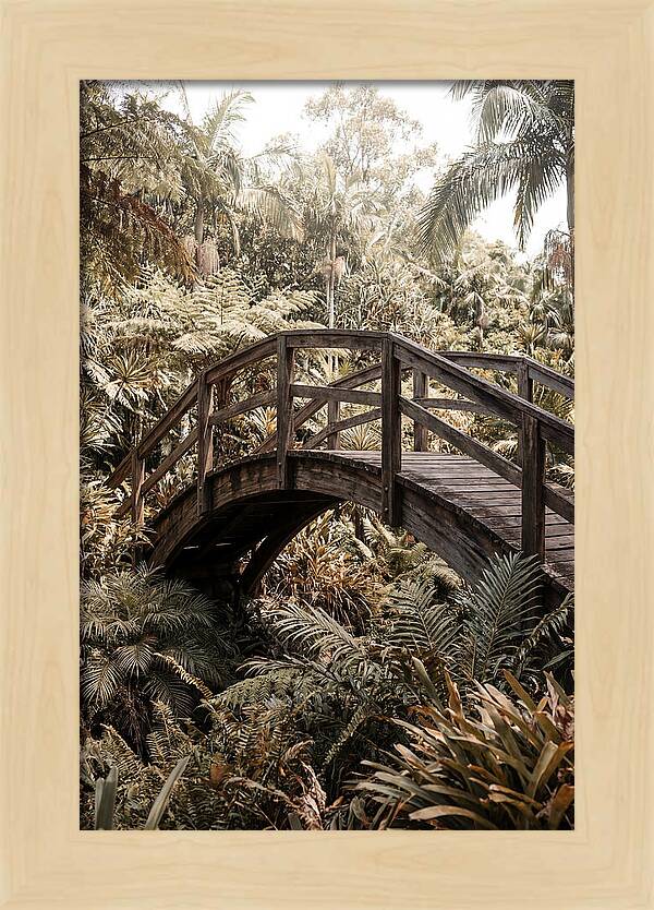 Wooden Bridge Over Lush Garden