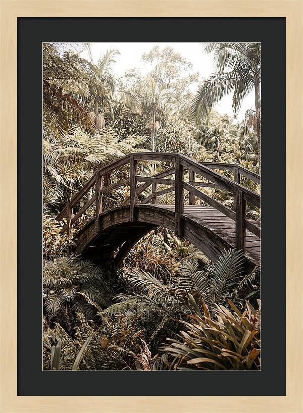Wooden Bridge Over Lush Garden