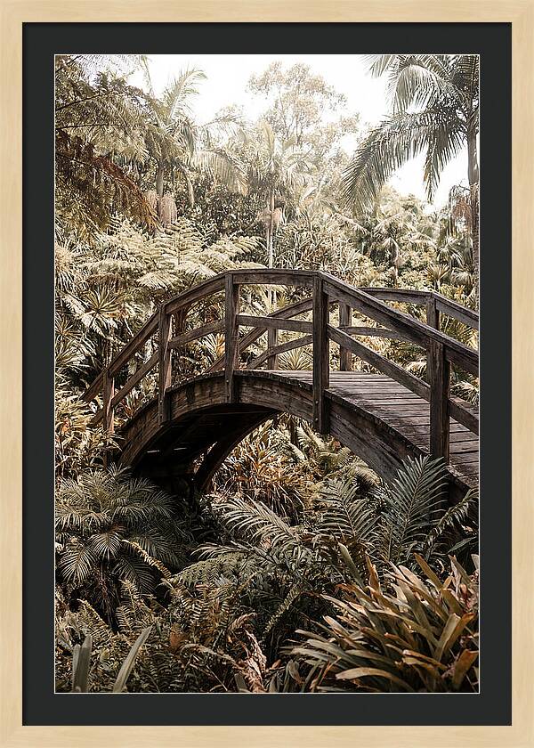 Wooden Bridge Over Lush Garden