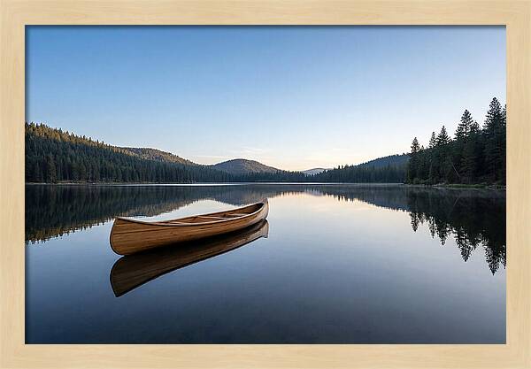 Wooden Canoe On Still Lake