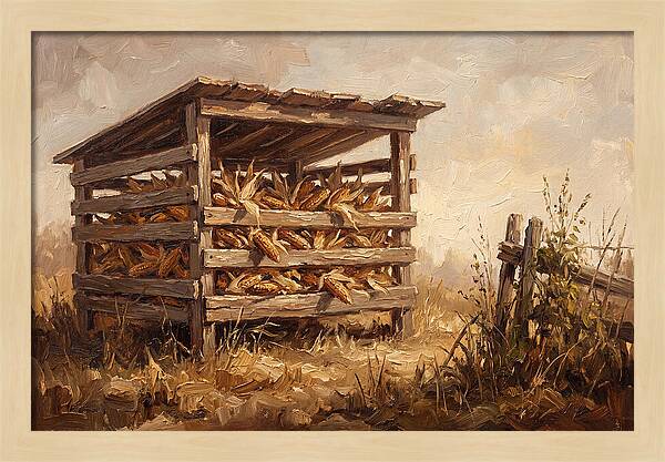 Wooden Corn Crib With Dried Corn
