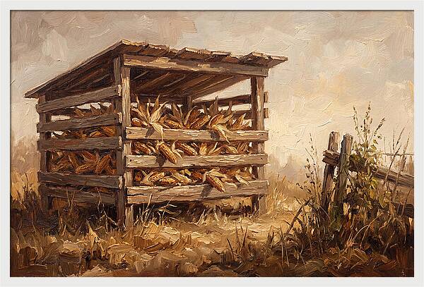 Wooden Corn Crib With Dried Corn