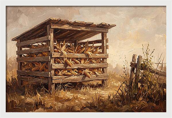 Wooden Corn Crib With Dried Corn