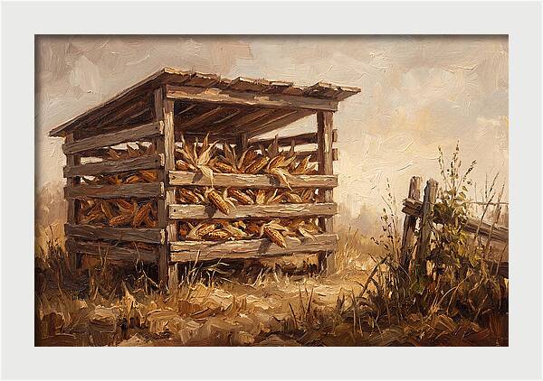 Wooden Corn Crib With Dried Corn