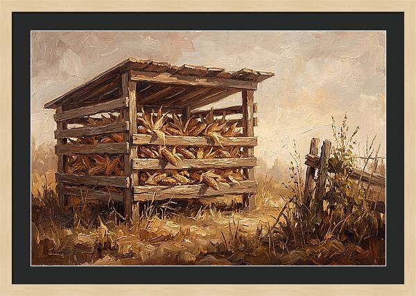 Wooden Corn Crib With Dried Corn