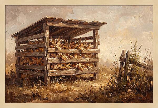 Wooden Corn Crib With Dried Corn