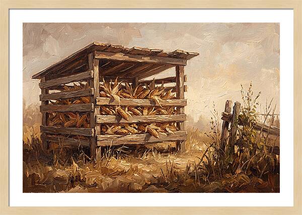 Wooden Corn Crib With Dried Corn