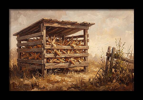 Wooden Corn Crib With Dried Corn