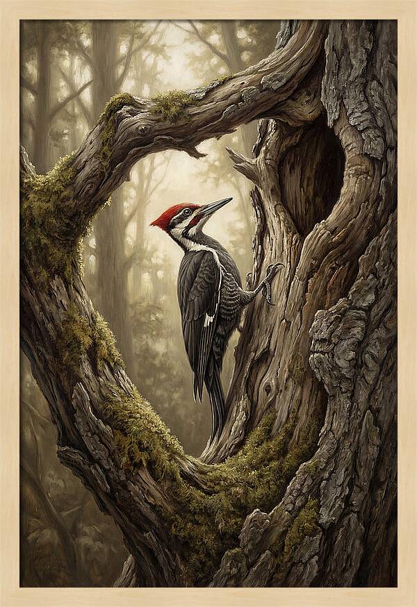 Woodpecker On Tree Trunk