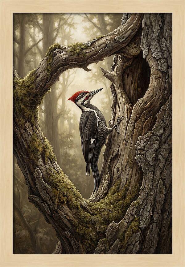 Woodpecker On Tree Trunk