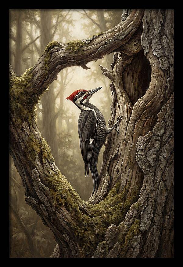 Woodpecker On Tree Trunk