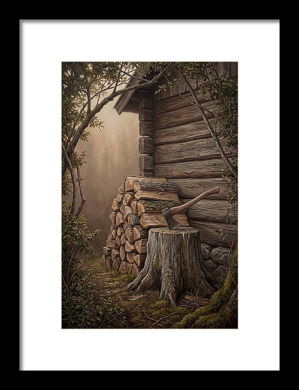 Woodpile With Axe At Cabin Side