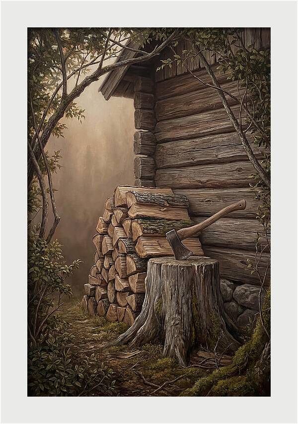 Woodpile With Axe At Cabin Side